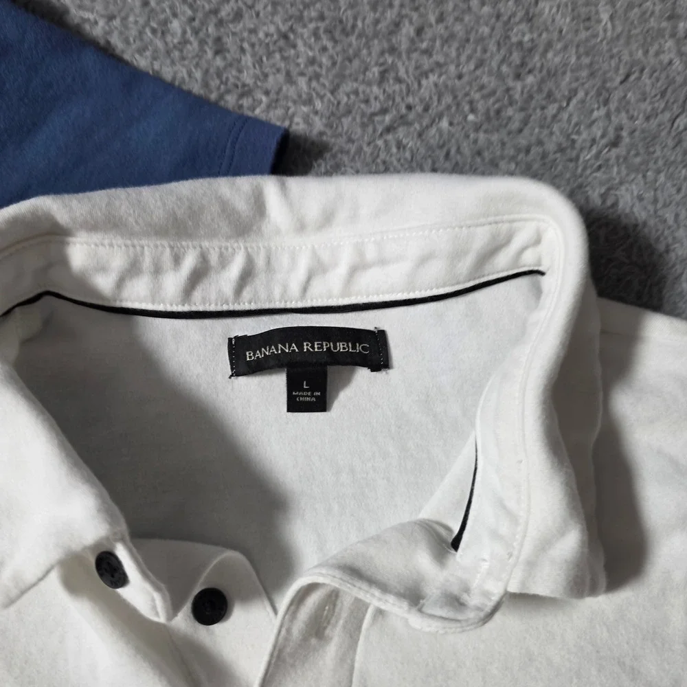 Banana Republic Mens L Polo Shirt 2 Pack Blue White Cotton Jersey Short Sleeve